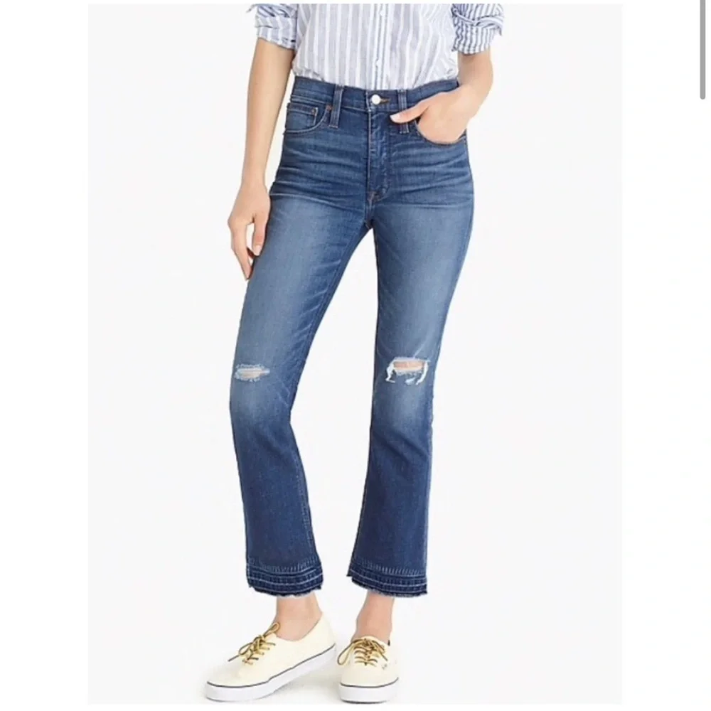 J. CREW Billie Demi Boot Crop Jeans in Warm Indigo Distressed Plus Size 32
